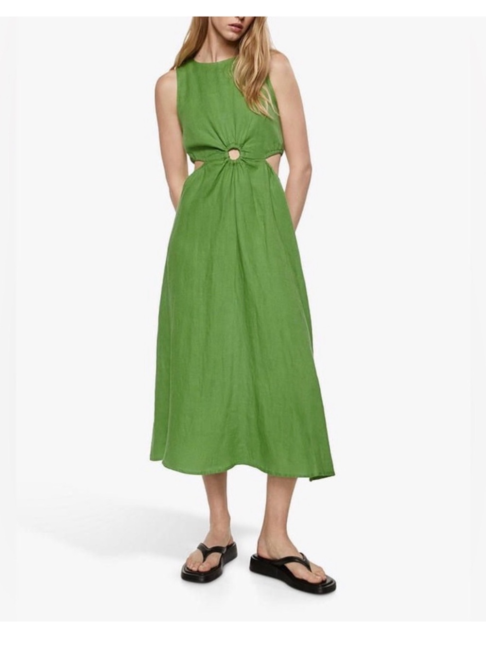 Mango Green Midi Cutout Dress with Ring Detail